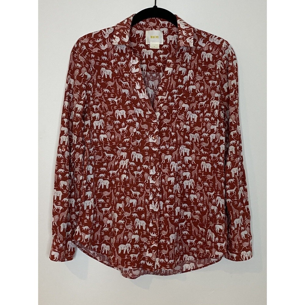 Anthropologie Maeve Safari Elephant Button Down Blouse Roll Tab Sleeves Size 2